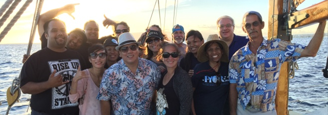 Waianae Moku faculty and staff aboard Hikianalia boat, out at sea