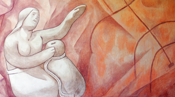 closeup of lobby mural depicting Hawaiian female looking up to sky
