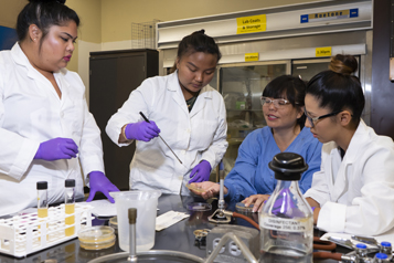 four students in lab coats working in a lab