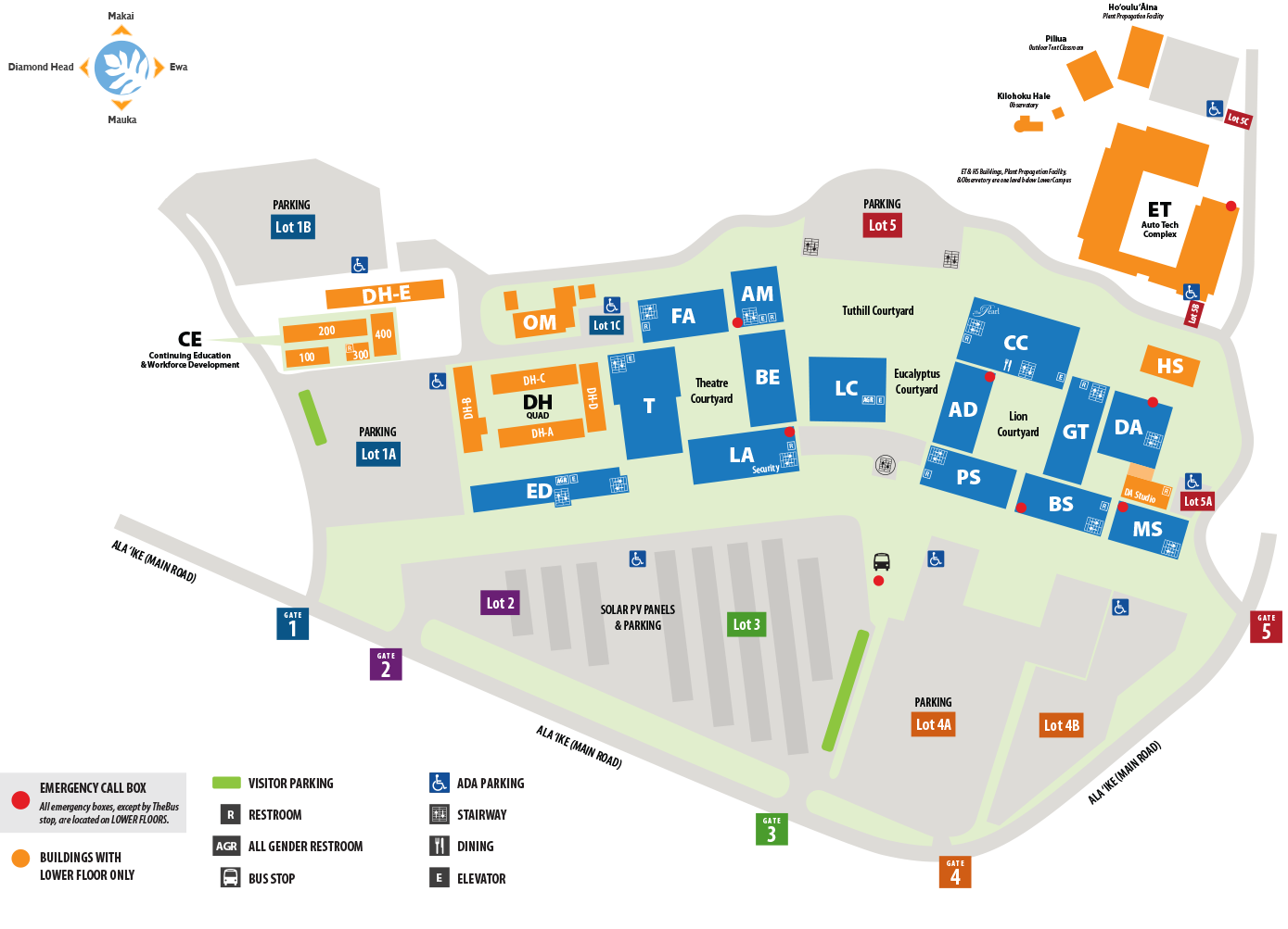 Overhead map of Leeward Community College campus showing main road, entry gates and parking lots with visitor and ADA stalls, buildings, courtyards, stairwell and elevator access and restrooms. For more information, please call (808) 455-0011.